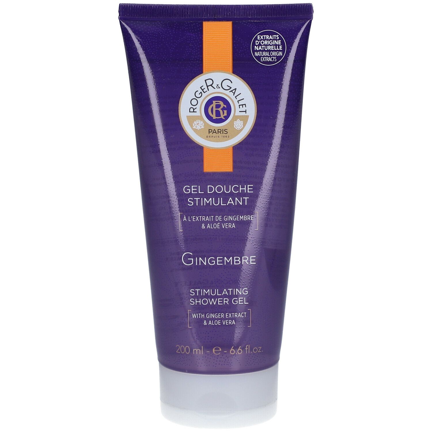 Tube violet avec bouchon blanc. Inscription: Roger & Gallet, Gingembre, gel douche stimulant. Contient extrait de gingembre et aloe vera. 200 ml.
