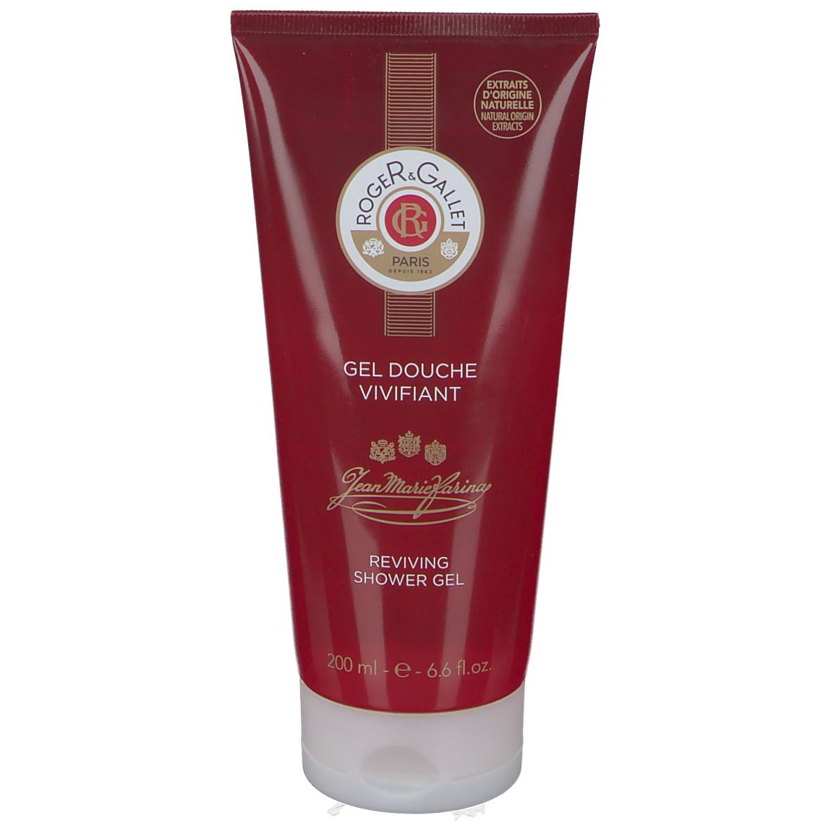 Rood-transparante tube met witte dop. Opschrift: Roger & Gallet, Gel Douche Vivifiant, Jean Marie Farina, Reviving Shower Gel.