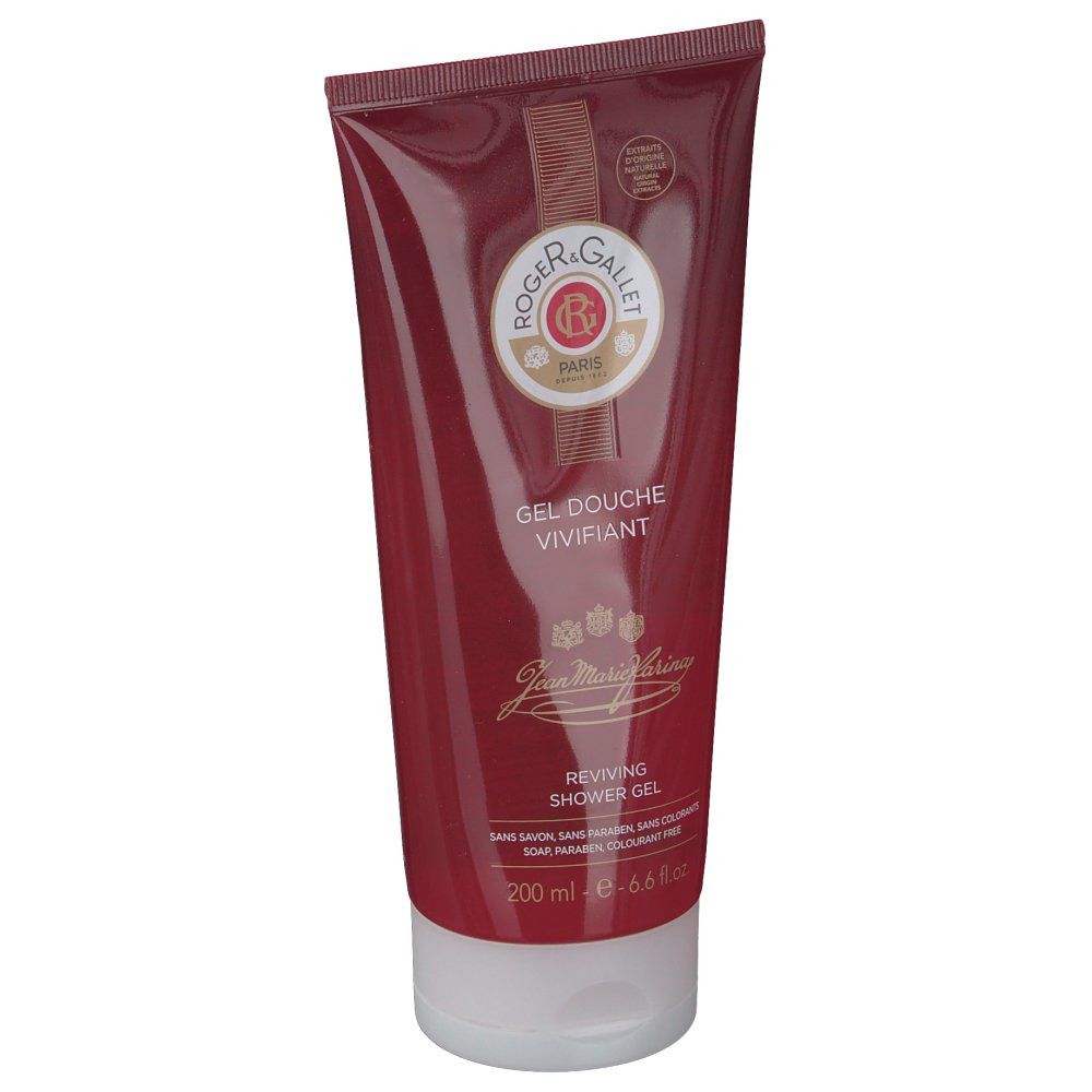 Rood-transparante tube met witte dop. Opschrift: Roger & Gallet, Gel Douche Vivifiant, Jean Marie Farina, Reviving Shower Gel.