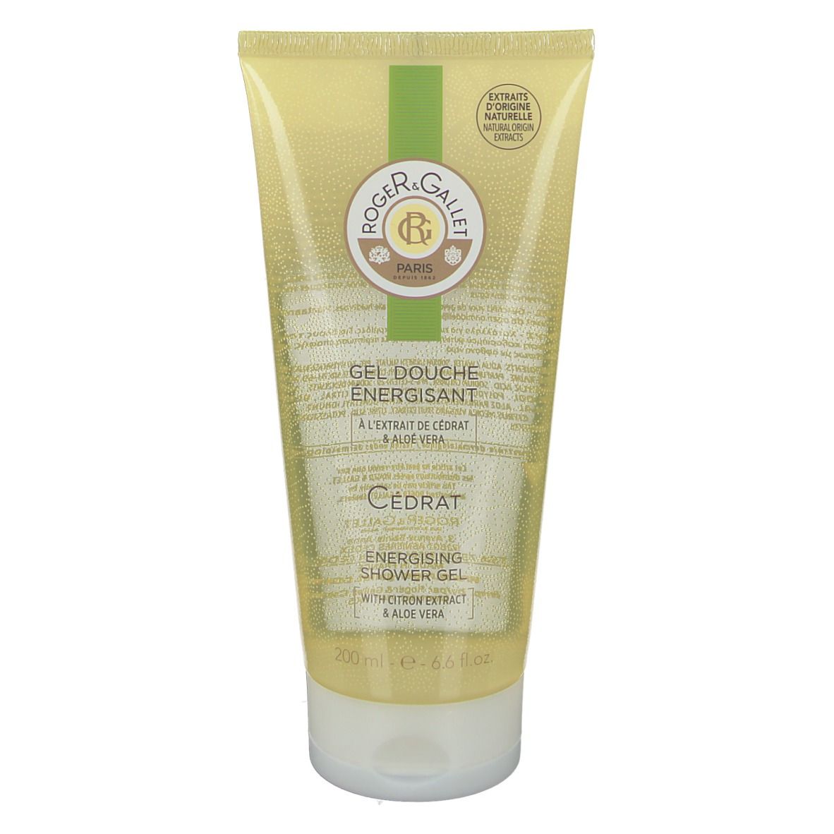 Tube de gel douche jaune transparent. Texte: Roger & Gallet, Gel Douche Énergisant, Cédrat. 200 ml.