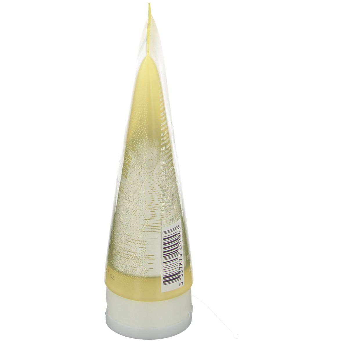 Vue latérale du tube de gel douche. Tube jaune transparent avec base blanche. Code-barres visible.