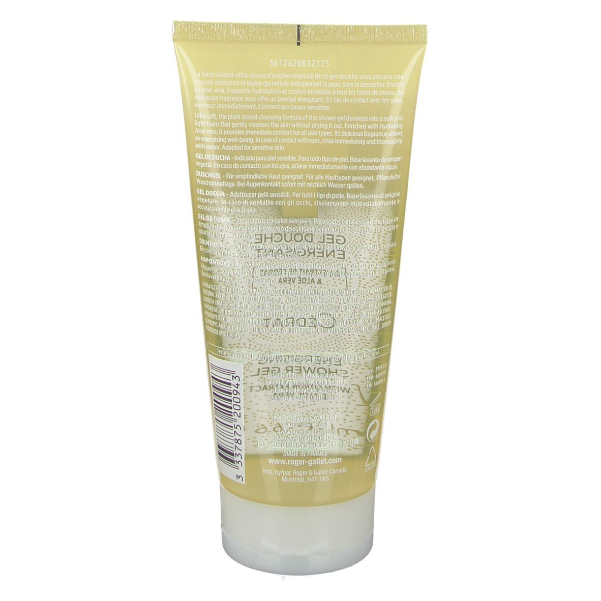 Dos du tube de gel douche. Tube jaune transparent avec texte. Code-barres et ingrédients.