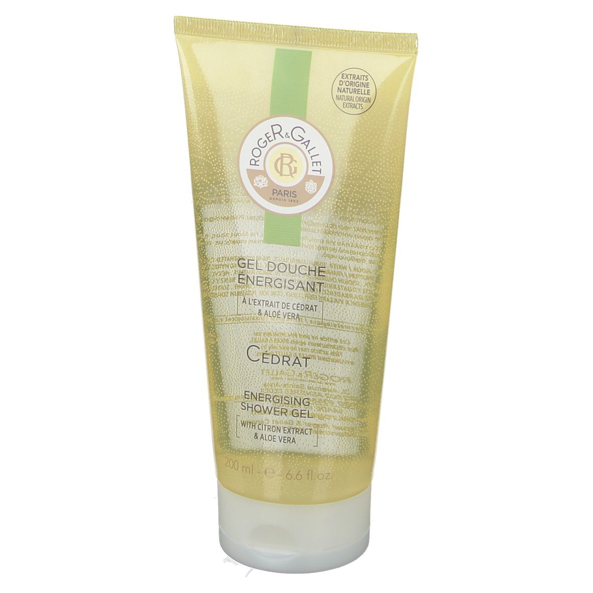 Tube de gel douche jaune transparent. Texte: Roger & Gallet, Gel Douche Énergisant, Cédrat. 200 ml.