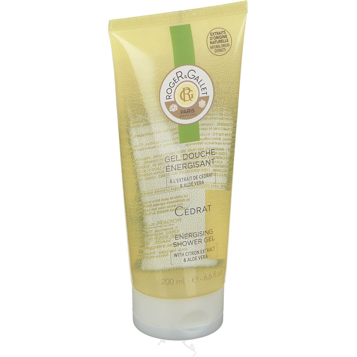 Tube de gel douche jaune transparent. Texte: Roger & Gallet, Gel Douche Énergisant, Cédrat. 200 ml.