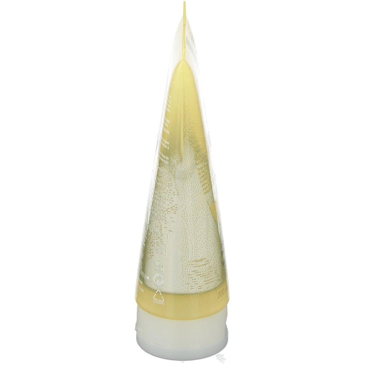 Vue latérale du tube de gel douche. Tube jaune transparent avec base blanche. Code-barres visible.