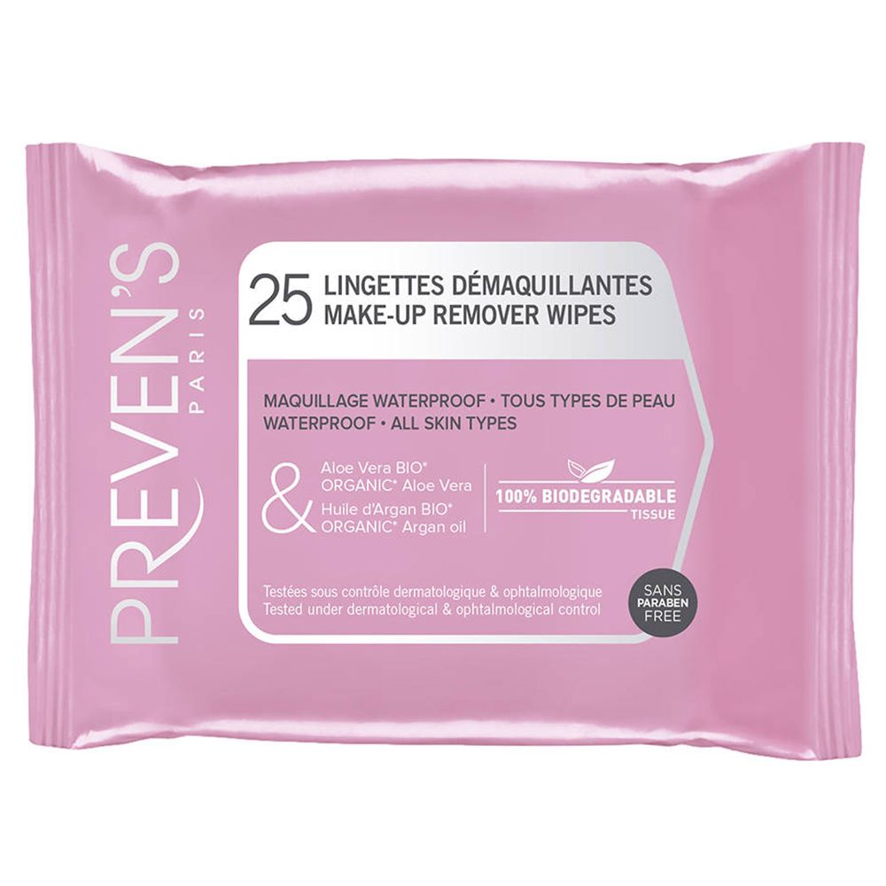 Paquet rose "PREVEN'S PARIS" avec 25 lingettes démaquillantes. Contient Aloe Vera et huile d'Argan. 100% biodégradable.