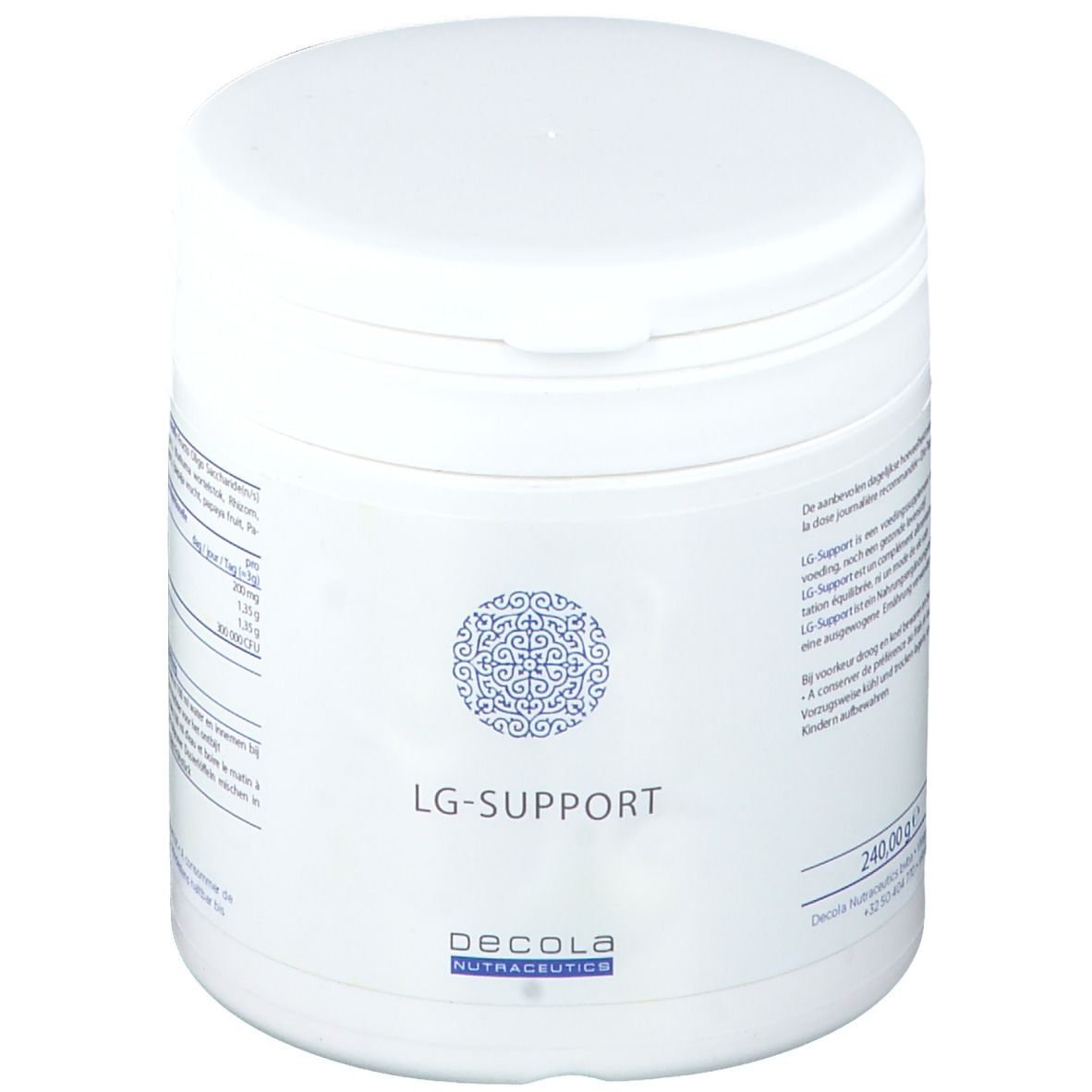 Wit cilindrisch product. Opschrift: LG-SUPPORT. Logo en merknaam: Decola Nutraceutics. Pot met deksel.