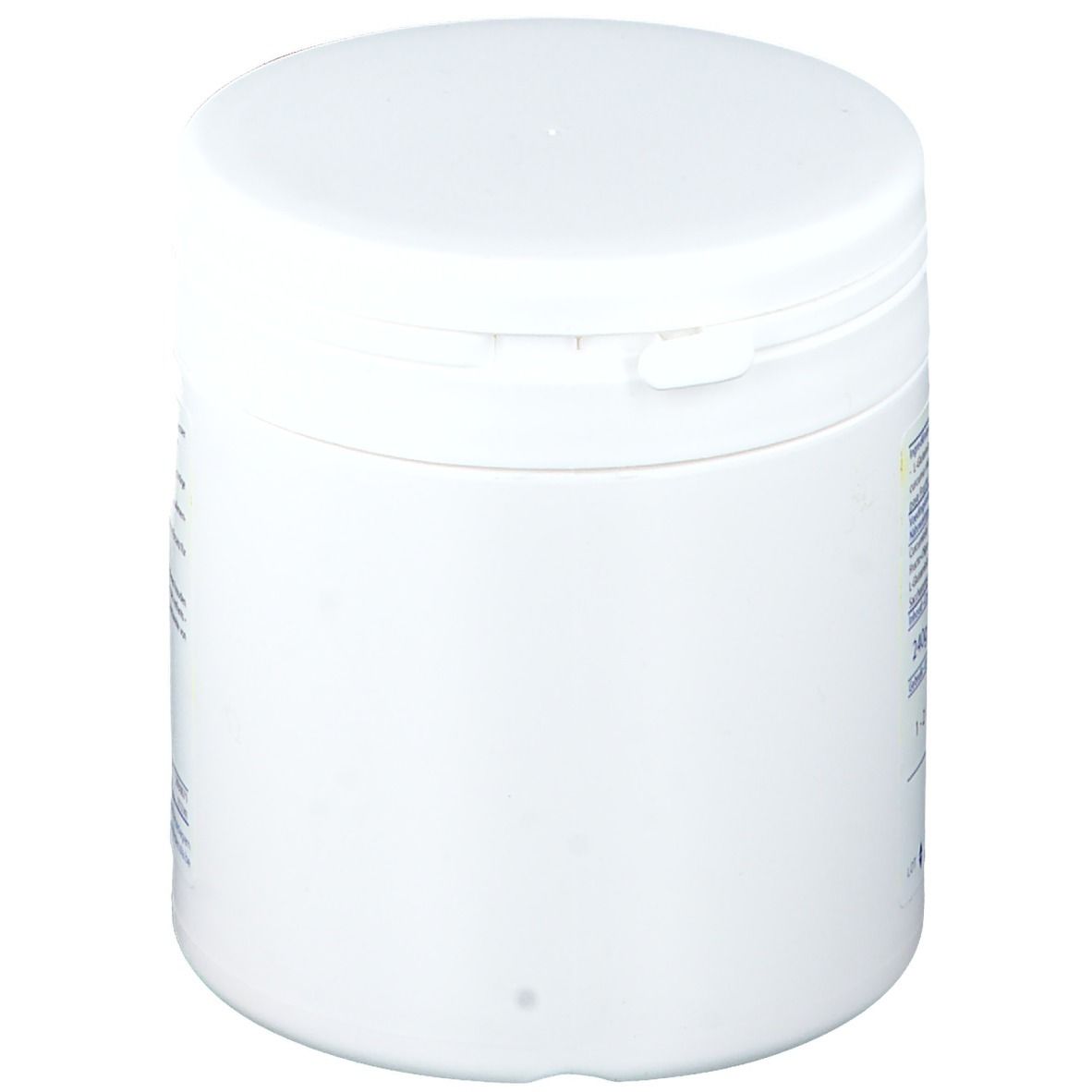 Wit cilindrisch product met deksel. Zijaanzicht. Geen andere details zichtbaar.