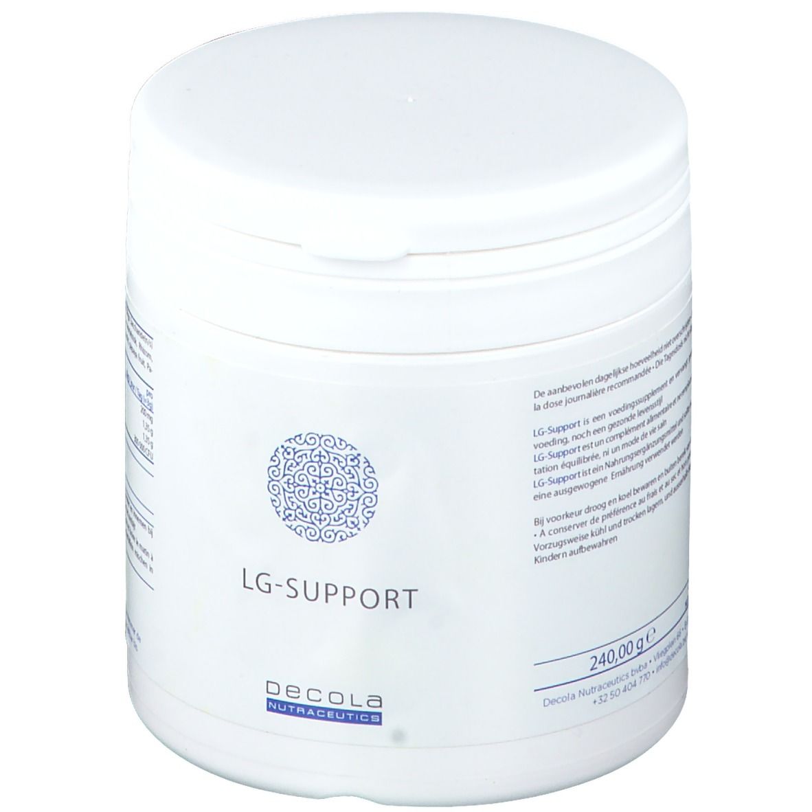 Wit cilindrisch product. Opschrift: LG-SUPPORT. Logo en merknaam: Decola Nutraceutics. Pot met deksel.