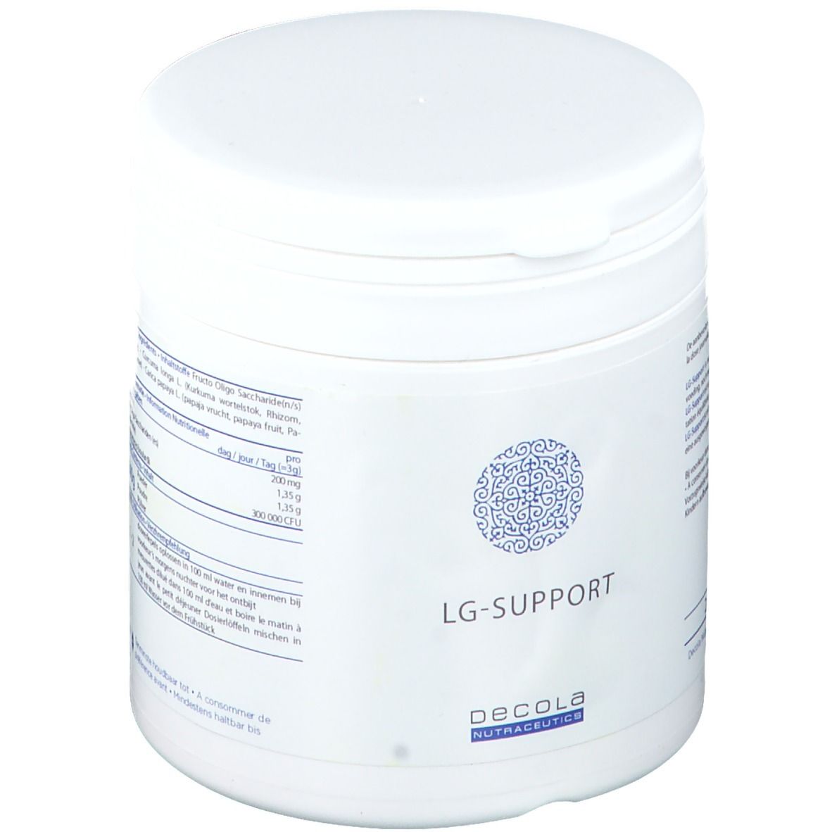 Wit cilindrisch product. Opschrift: LG-SUPPORT. Logo en merknaam: Decola Nutraceutics. Pot met deksel. Voedingswaarde-informatie.