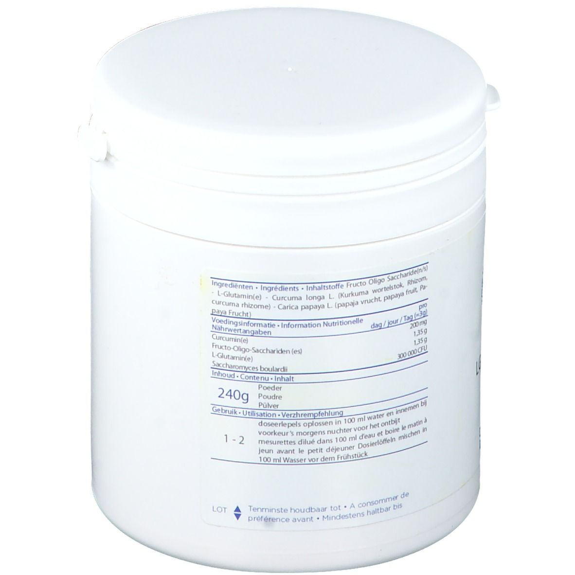 Wit cilindrisch product. Opschrift: LG-SUPPORT. Ingrediëntenlijst, dosering en inhoud. Pot met deksel.