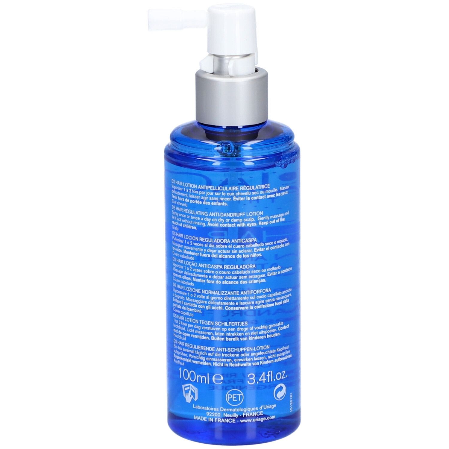 Blauwe fles met spray. Uriage DS Hair Lotion. Achterkant met tekst.