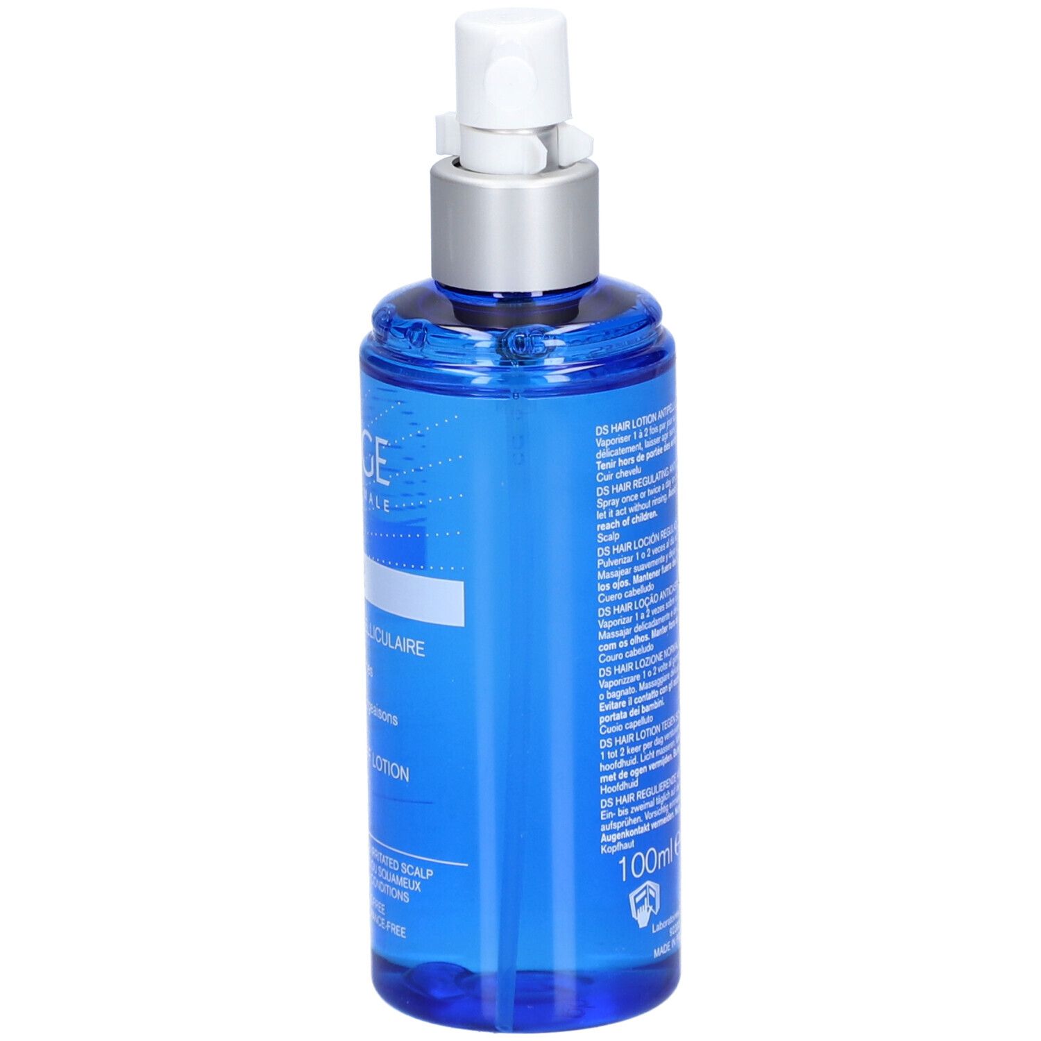 Blauwe fles met spray. Uriage DS Hair Lotion. Achterkant met tekst.