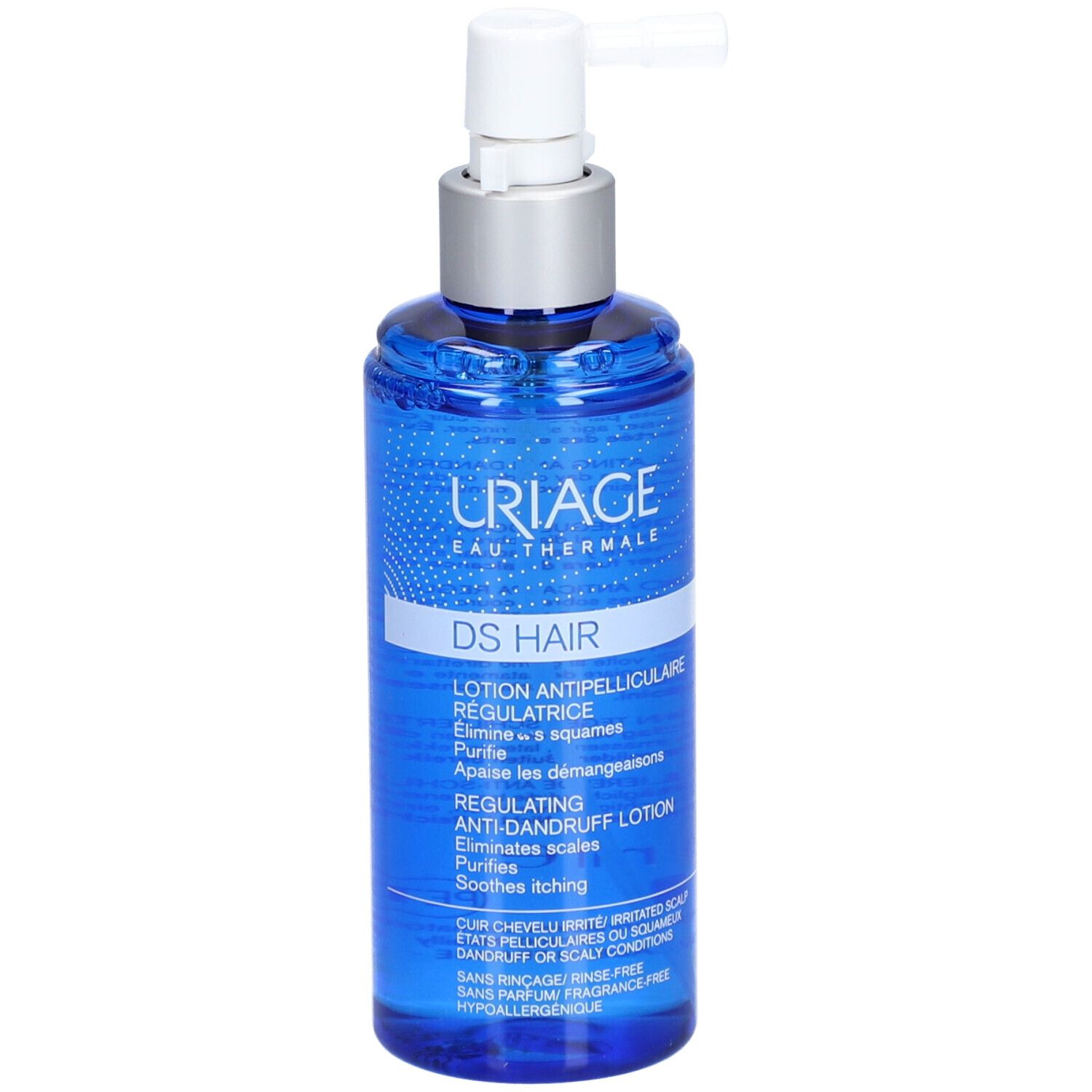 Blauwe fles met spray. Uriage DS Hair Lotion. Tekst in het Frans en Engels.