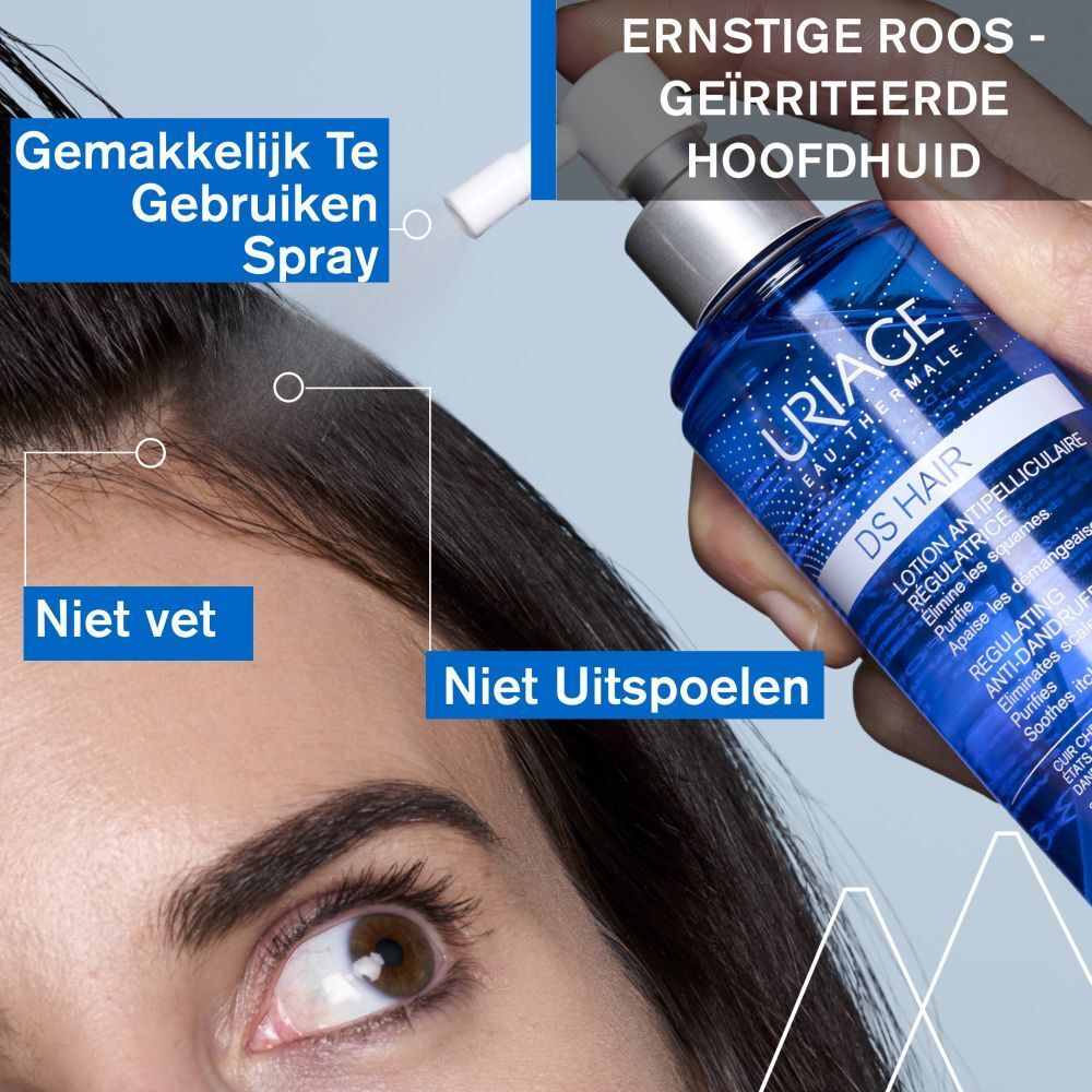 Vrouw die Uriage DS Hair Lotion op de hoofdhuid spuit. Tekst in het Nederlands.