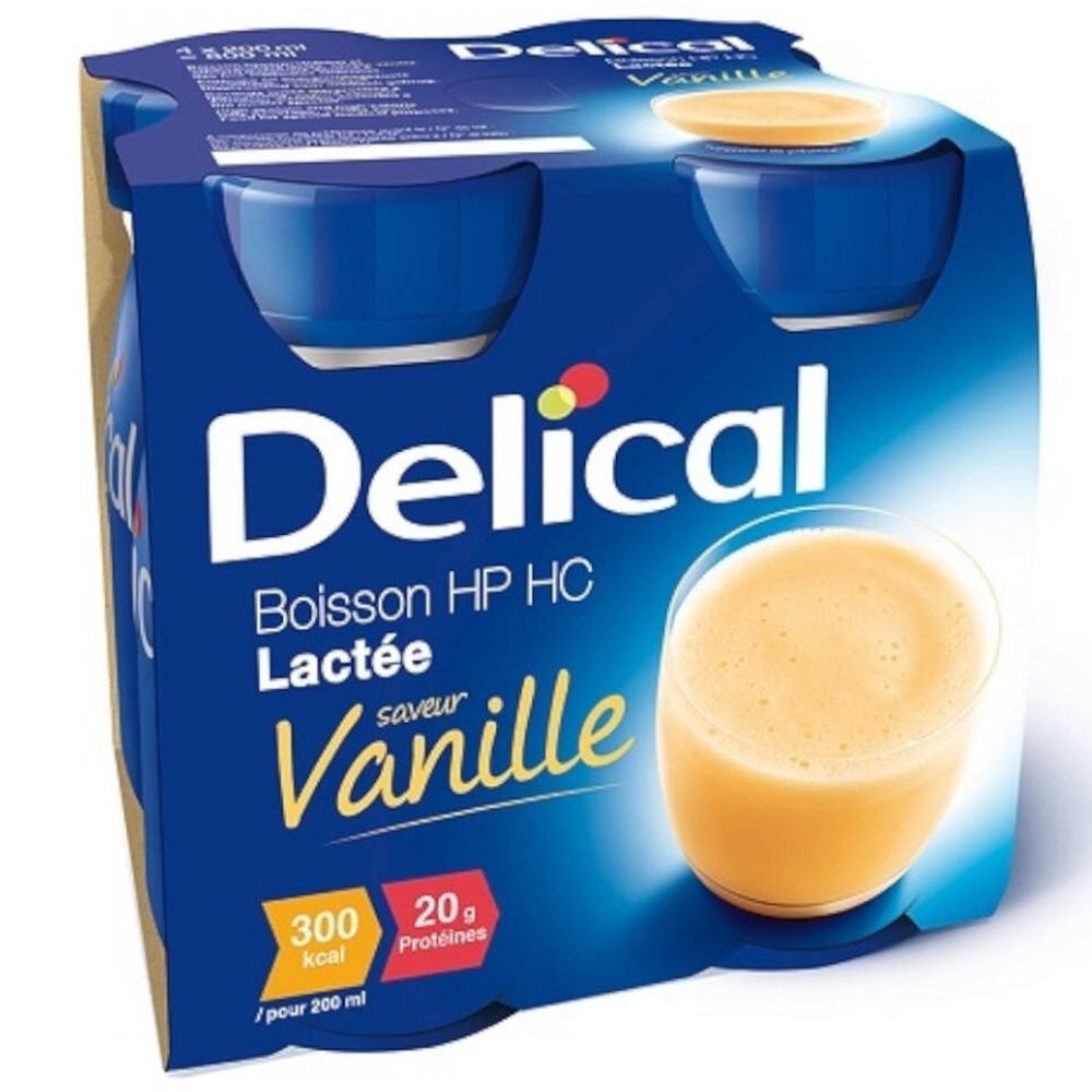 Emballage de quatre bouteilles Delical Boisson HP HC Laitée Vanille. Emballage bleu avec logo et informations nutritionnelles.