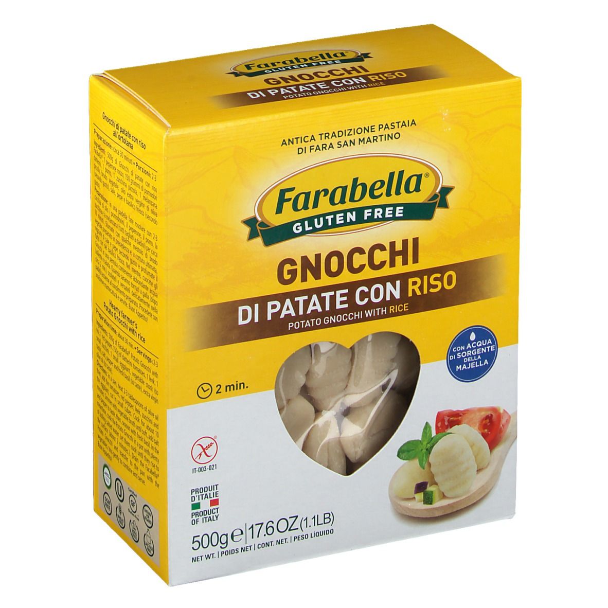 Boîte jaune de gnocchis Farabella. Fenêtre avec gnocchis visibles. Logo sans gluten. Produit d'Italie. 500g.