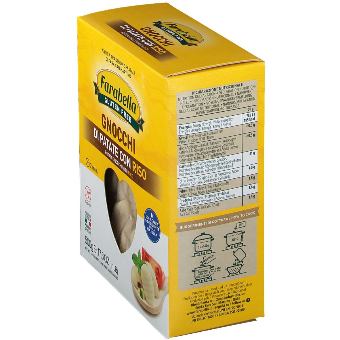 Boîte jaune de gnocchis Farabella. Dos avec informations nutritionnelles et conseils de cuisson. Logo sans gluten. 500g.