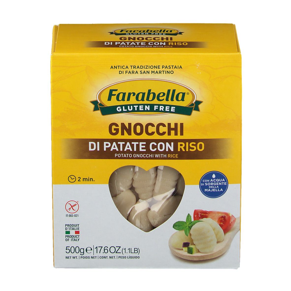 Boîte jaune de gnocchis Farabella. Fenêtre avec gnocchis visibles. Logo sans gluten. Produit d'Italie. 500g.