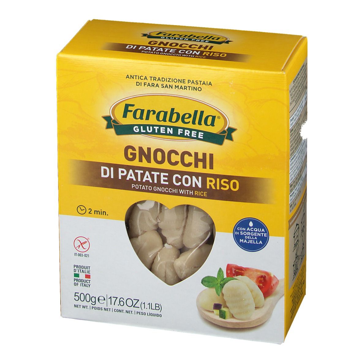Boîte jaune de gnocchis Farabella. Fenêtre avec gnocchis visibles. Logo sans gluten. Produit d'Italie. 500g.