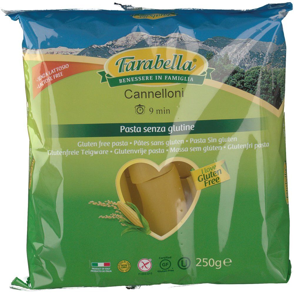 Verpackung Farabella Cannelloni, glutenfrei. Grün-weißes Design mit Produktabbildung. Text: "Pasta senza glutine".