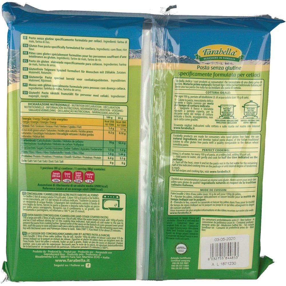 Rückseite der Farabella Cannelloni Verpackung. Enthält Nährwertangaben, Kochhinweise und Text in mehreren Sprachen.