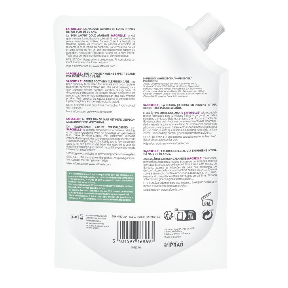 Rückseite der Saforelle-Verpackung. Text in mehreren Sprachen. Barcode, Inhaltsstoffe, Herstellerinformationen, und Logos.