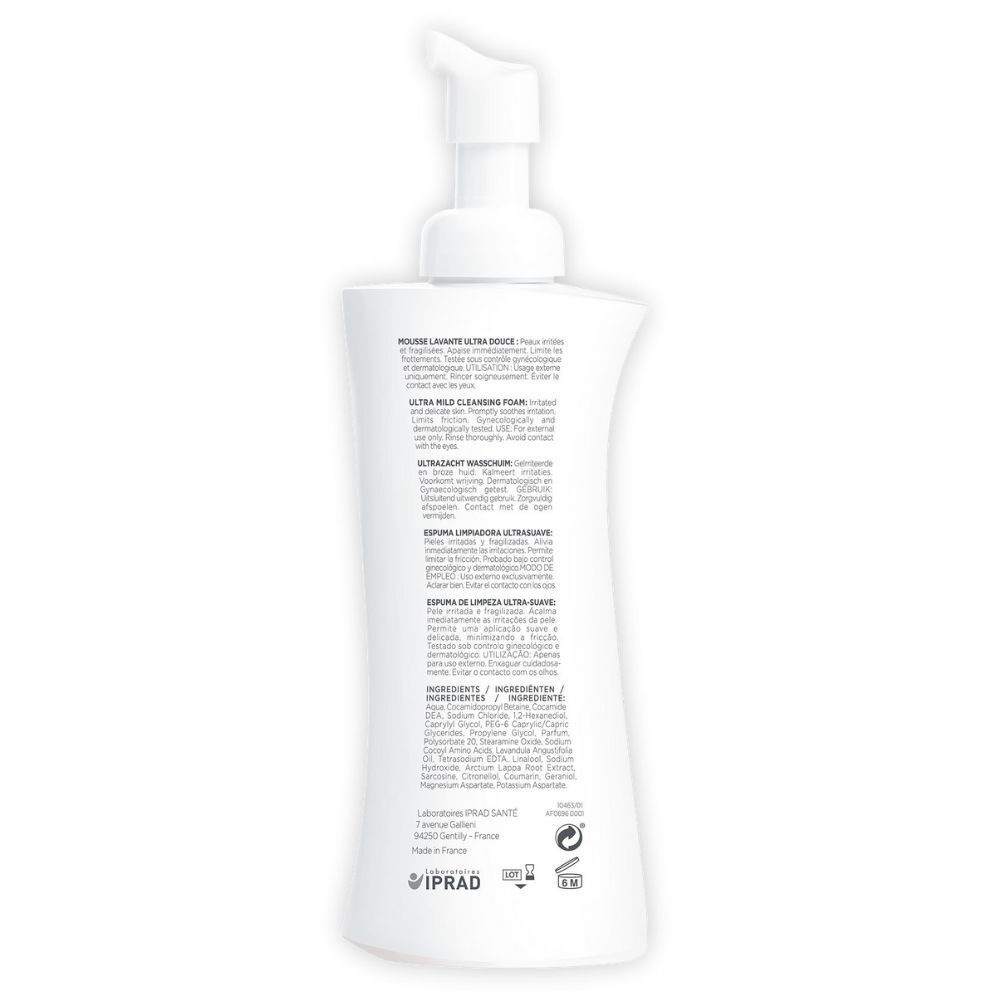 Rückseite der weißen Flasche. Text: Mousse Lavante Ultra Douce, Ultra Mild Cleansing Foam.