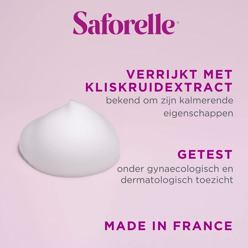 Schaum von Saforelle. Text: Angereichert mit Klettenextrakt, getestet unter gynäkologischer Aufsicht.