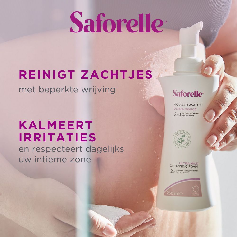 Saforelle Flasche und Frau. Text: Reinigt sanft, beruhigt Irritationen, respektiert die Intimzone.