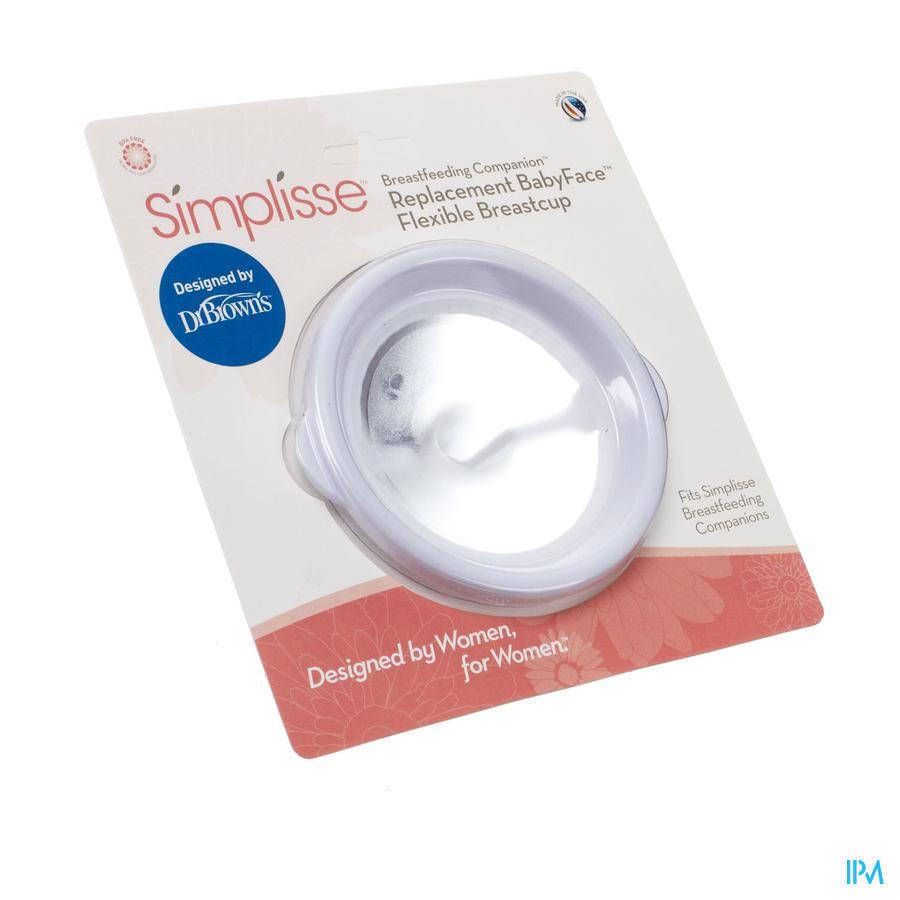 Emballage d'une téterelle de remplacement. Inscription : Simplisse, Replacement BabyFace, Flexible Breastcup. Conçu par Dr. Brown's.