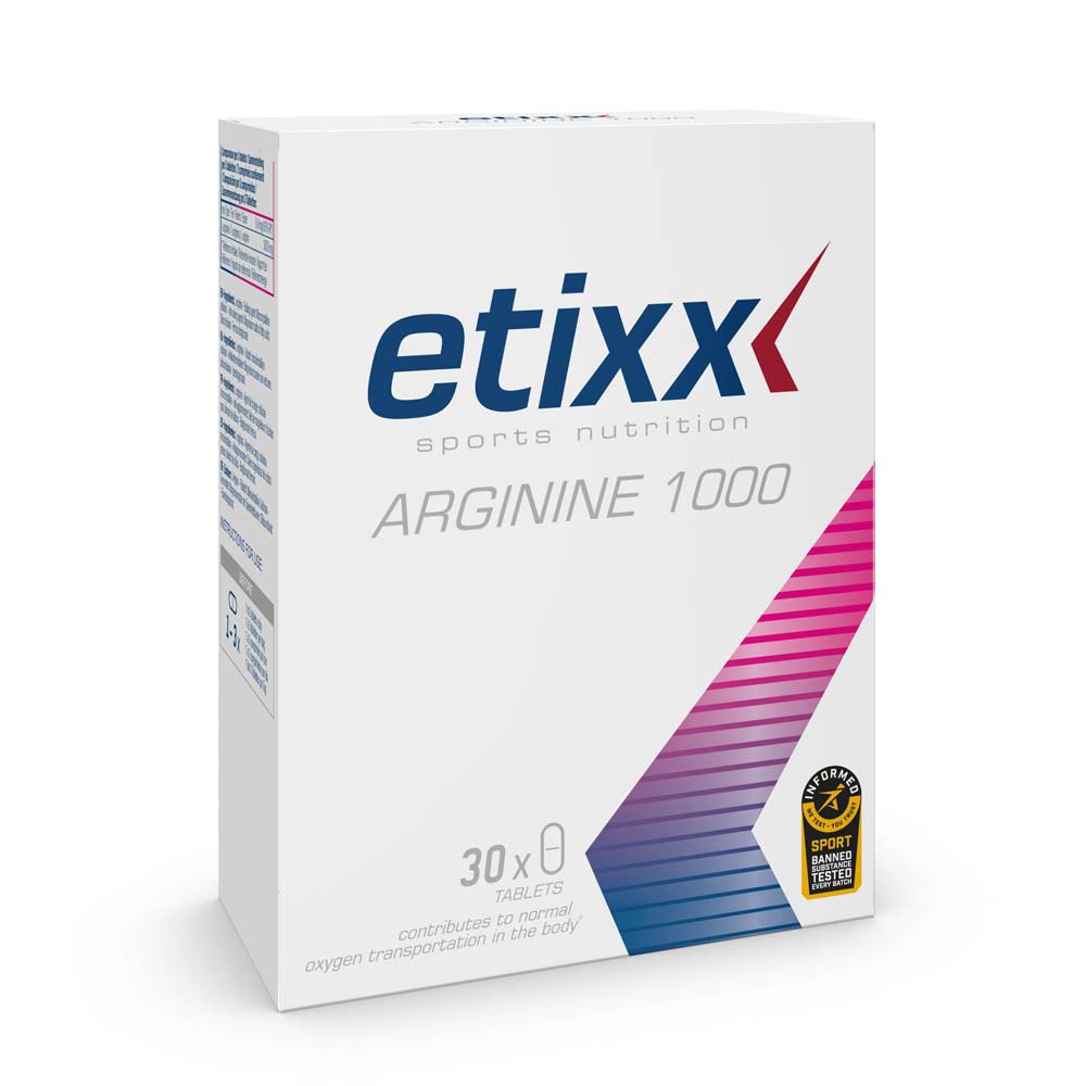 Etixx Arginine 1000 verpakking. Witte doos met blauw en rood logo. Bevat 30 tabletten. Met sportcertificering.