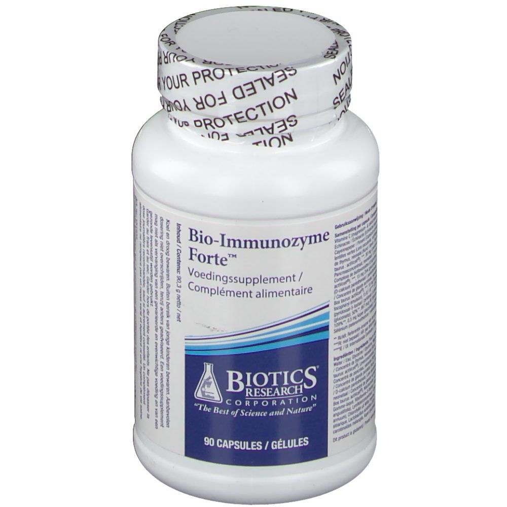 Flacon blanc de Bio-Immunozyme Forte, 90 gélules, avec logo Biotics Research.