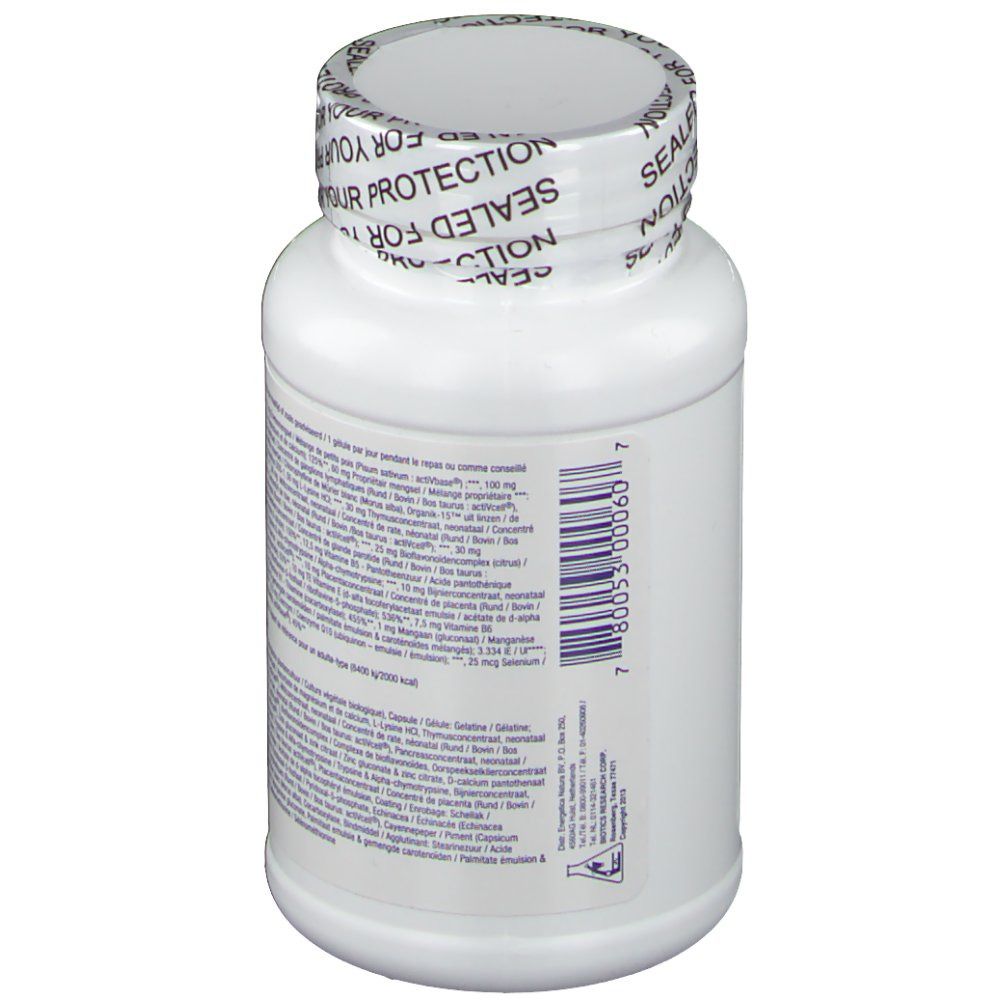 Dos du flacon blanc. Texte: ingrédients, informations nutritionnelles, informations fabricant.