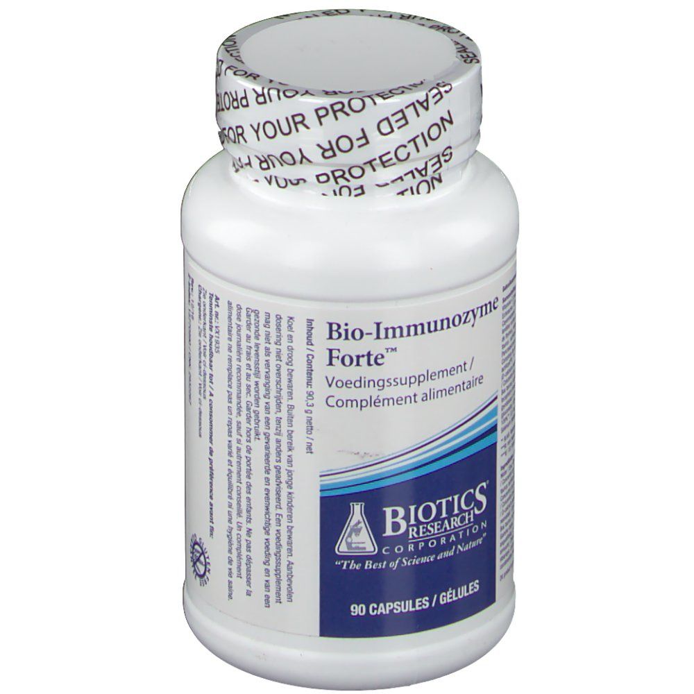 Flacon blanc de Bio-Immunozyme Forte, 90 gélules, avec logo Biotics Research.