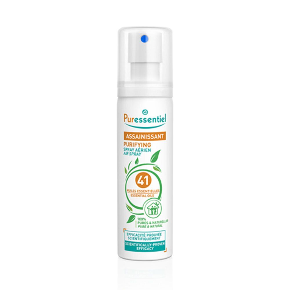 Spray blanc avec tête de pulvérisation. Inscription : 41 Huiles essentielles, Puressentiel.