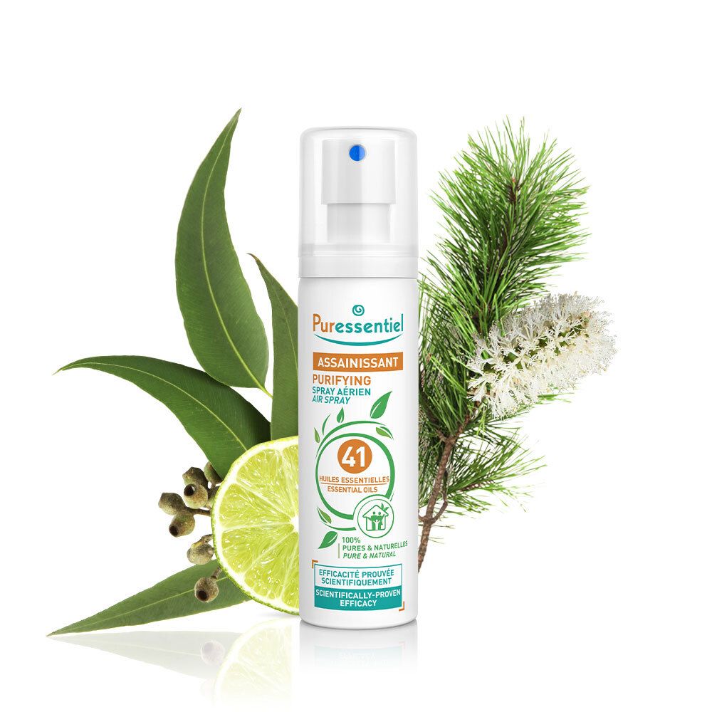 Spray blanc avec tête de pulvérisation, entouré de plantes. Inscription : 41 Huiles essentielles, Puressentiel.