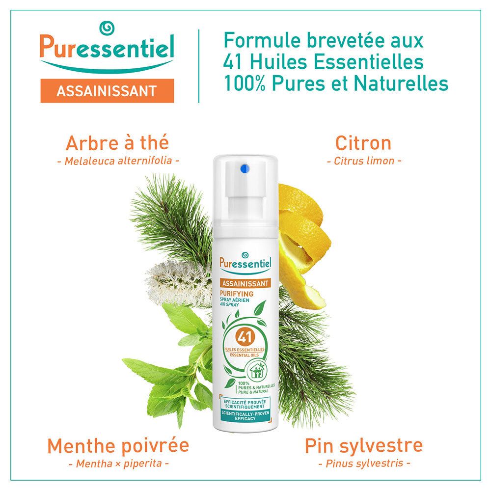 Spray blanc avec tête de pulvérisation, entouré de plantes. Inscription : 41 Huiles essentielles, Puressentiel.
