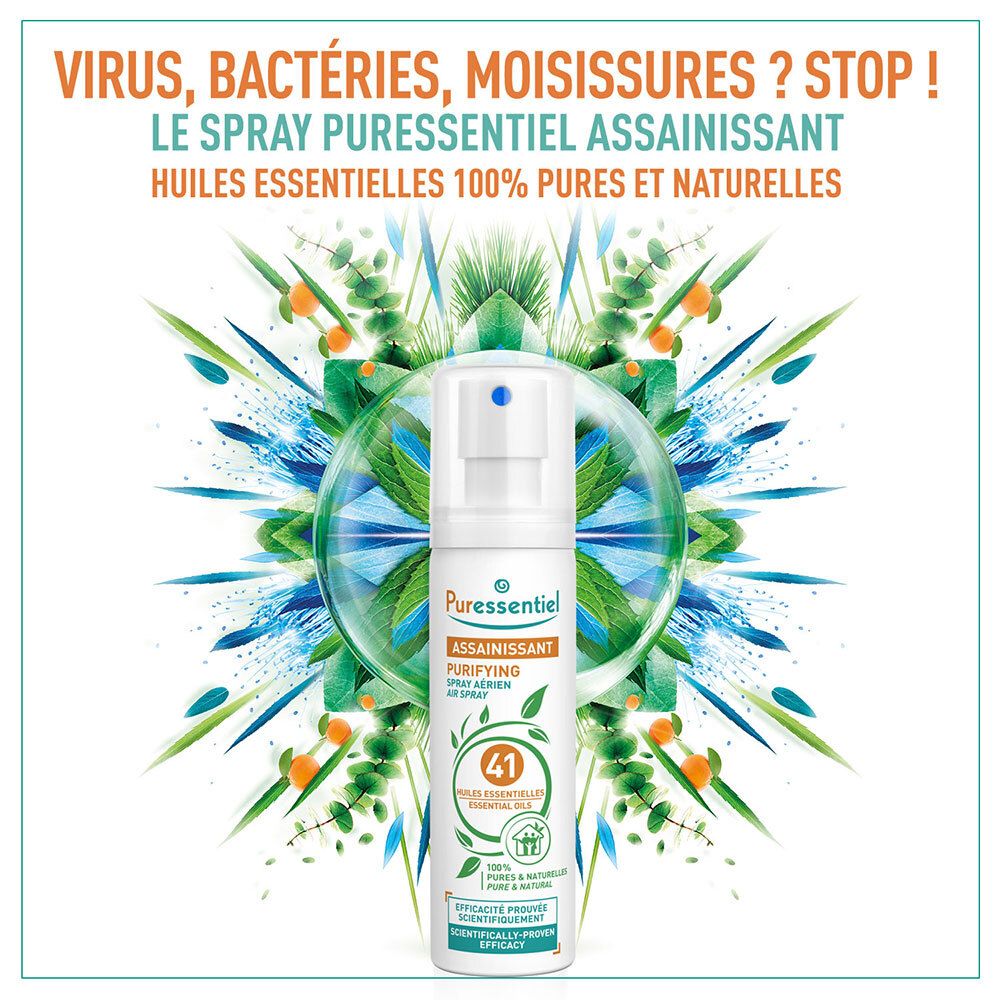Spray blanc avec tête de pulvérisation, entouré de plantes. Inscription : 41 Huiles essentielles, Puressentiel.