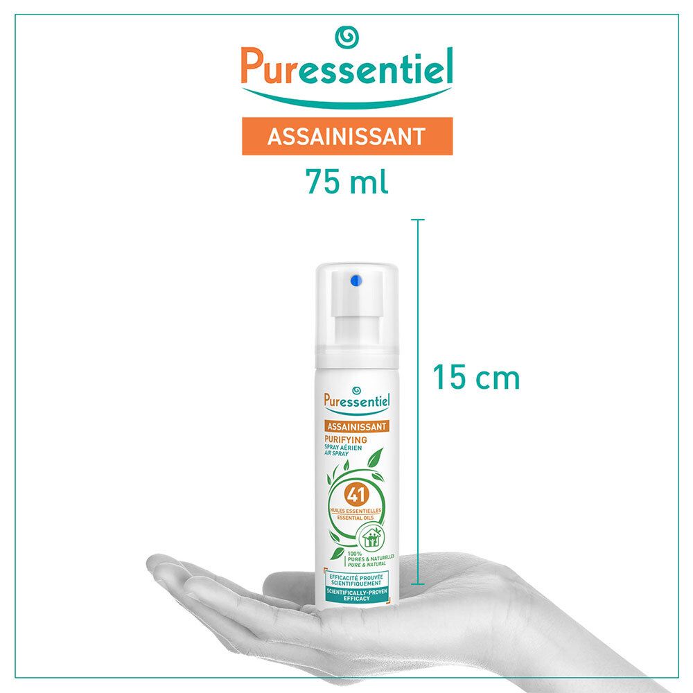 Spray blanc avec tête de pulvérisation, tenu dans une main. Inscription : 41 Huiles essentielles, Puressentiel. 15 cm de haut.