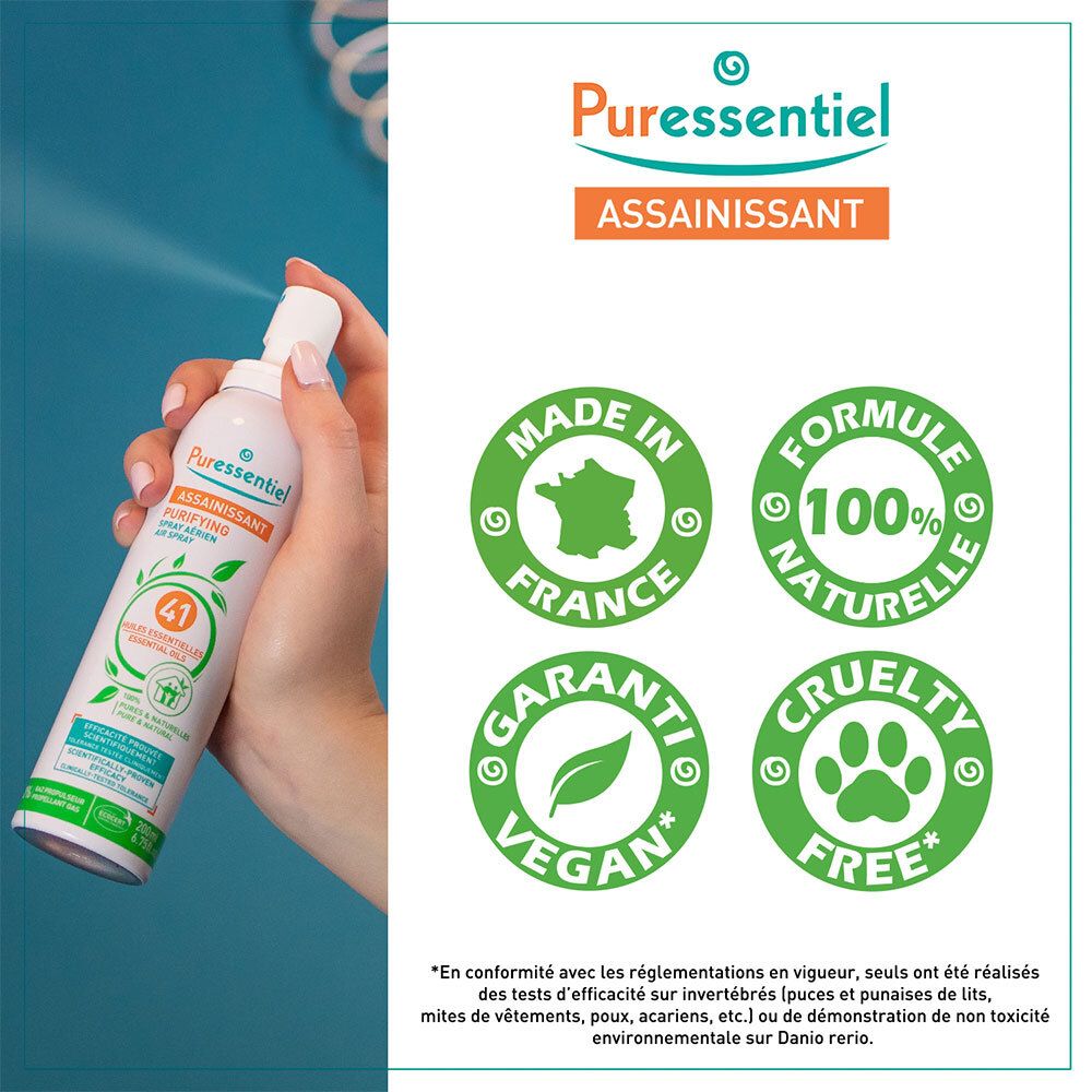 Spray blanc avec tête de pulvérisation. Inscription : 41 Huiles essentielles, Puressentiel. Sceaux : Fabriqué en France, 100% naturel.