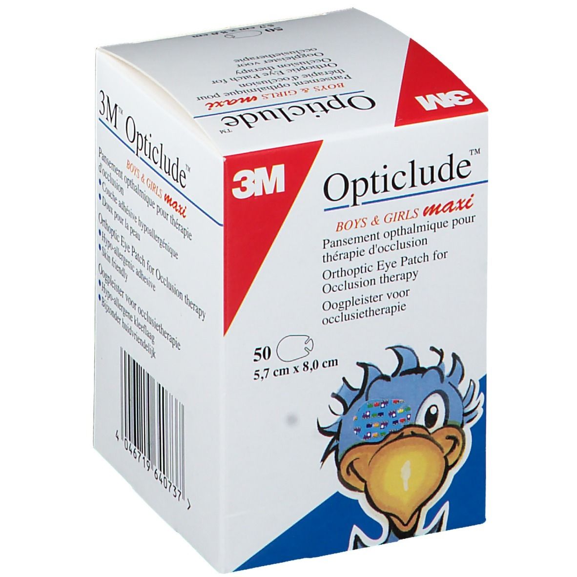 Boîte de 3M Opticlude Boys & Girls Maxi. Contient 50 pansements oculaires, 5,7 x 8,0 cm. Logo et illustration.