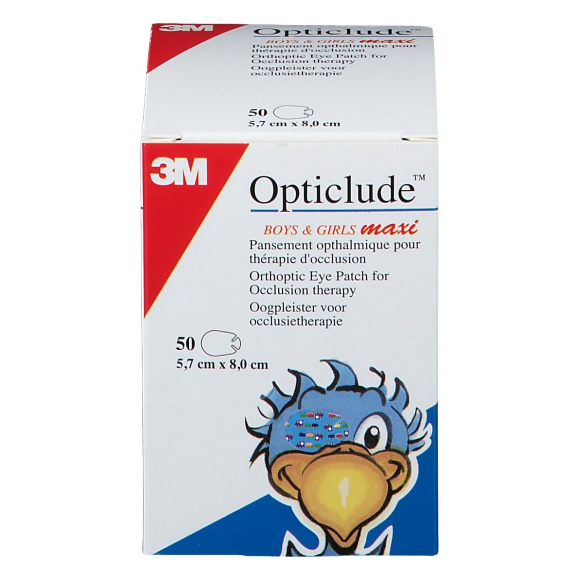 Boîte de 3M Opticlude Boys & Girls Maxi. Contient 50 pansements oculaires, 5,7 x 8,0 cm. Logo et illustration.