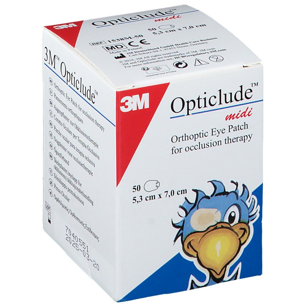 Boîte de 3M Opticlude midi. Contient 50 pansements oculaires, 5,3 cm x 7,0 cm. Illustration d'oiseau.