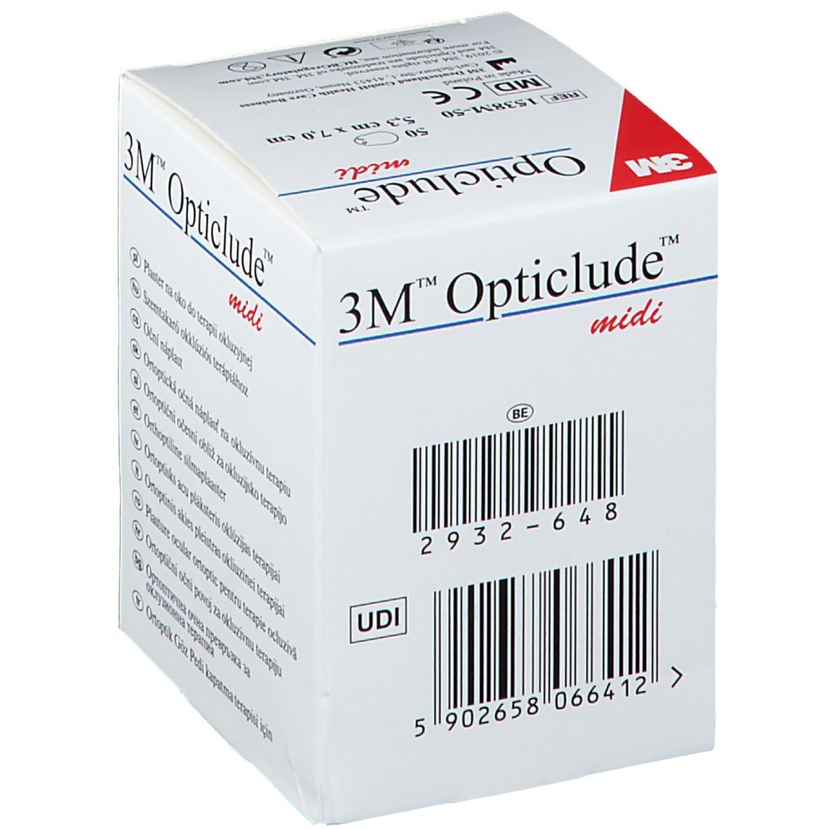 Boîte de 3M Opticlude midi. Code-barres et informations produit sur le côté.