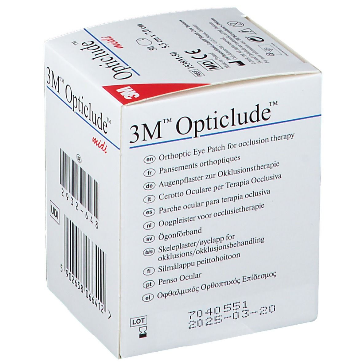 Boîte de 3M Opticlude midi. Informations produit multilingues sur le côté.