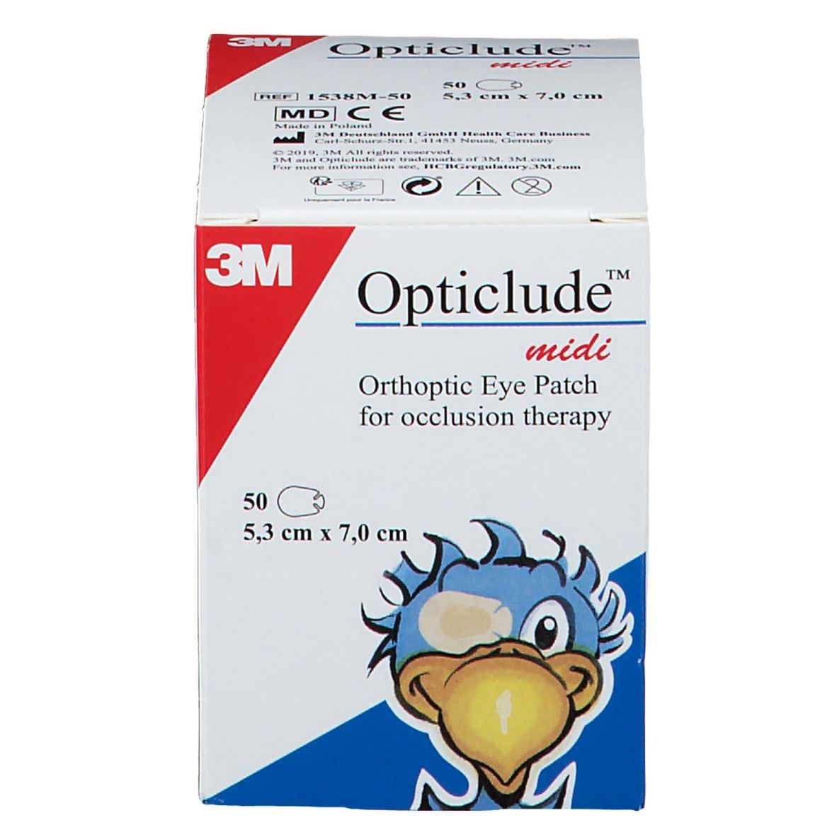 Boîte de 3M Opticlude midi. Contient 50 pansements oculaires, 5,3 cm x 7,0 cm. Illustration d'oiseau.