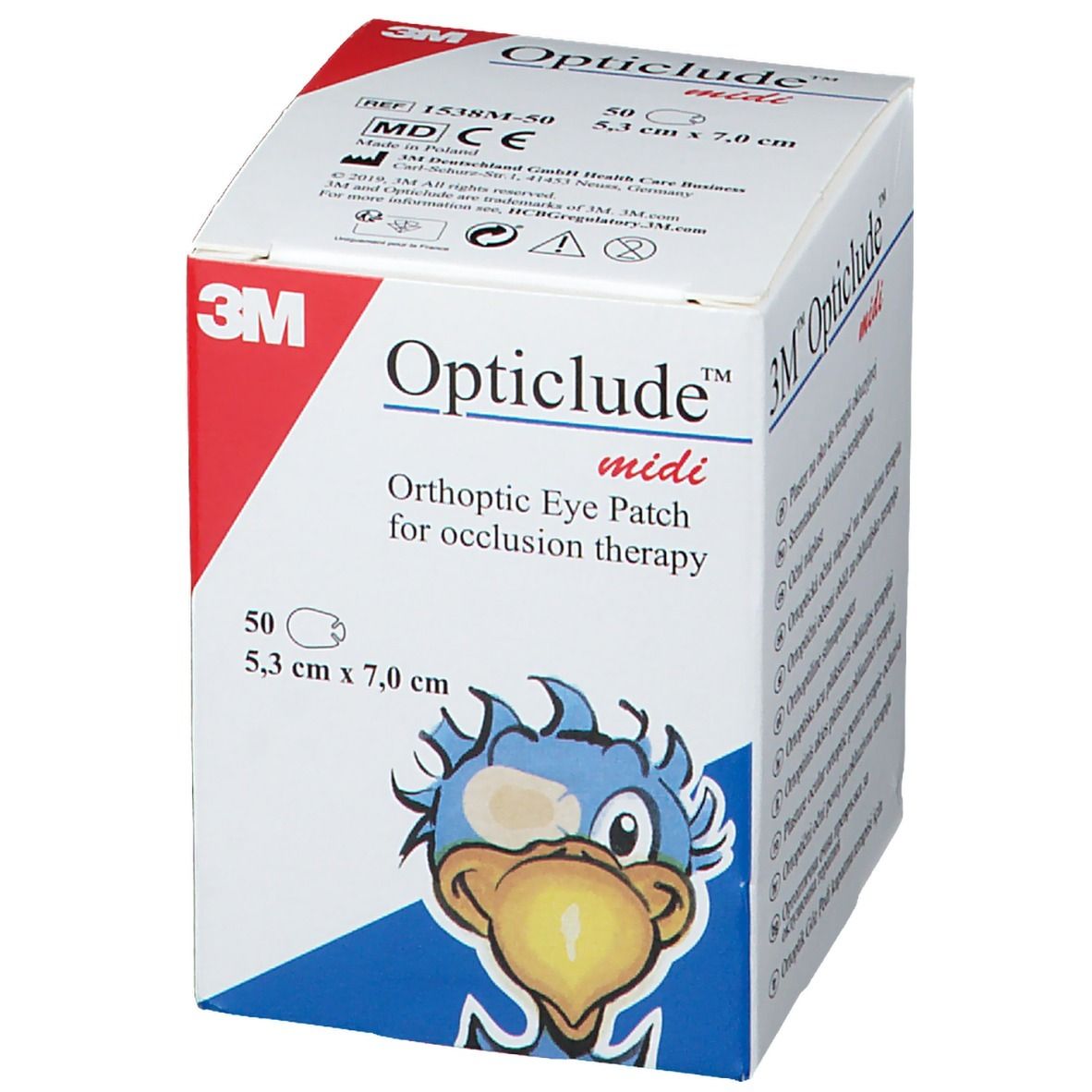 Boîte de 3M Opticlude midi. Contient 50 pansements oculaires, 5,3 cm x 7,0 cm. Illustration d'oiseau.