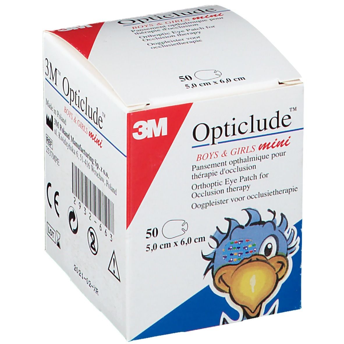 Karton mit 50 Augenpflastern. Aufdruck: 3M Opticlude Boys & Girls mini. Mit CE-Kennzeichnung.