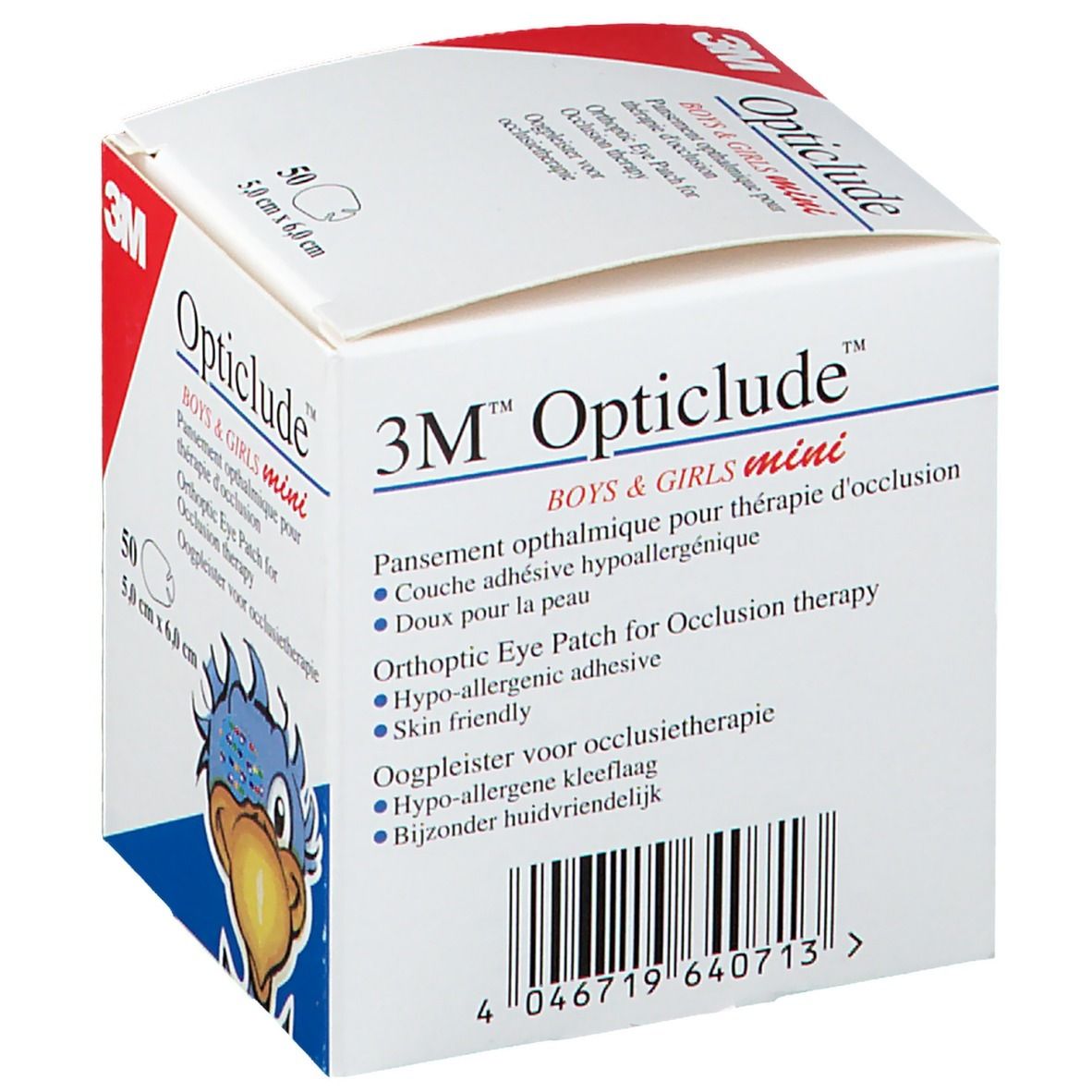 Karton mit 50 Augenpflastern. Aufdruck: 3M Opticlude Boys & Girls mini. Mit Inhaltsangaben.